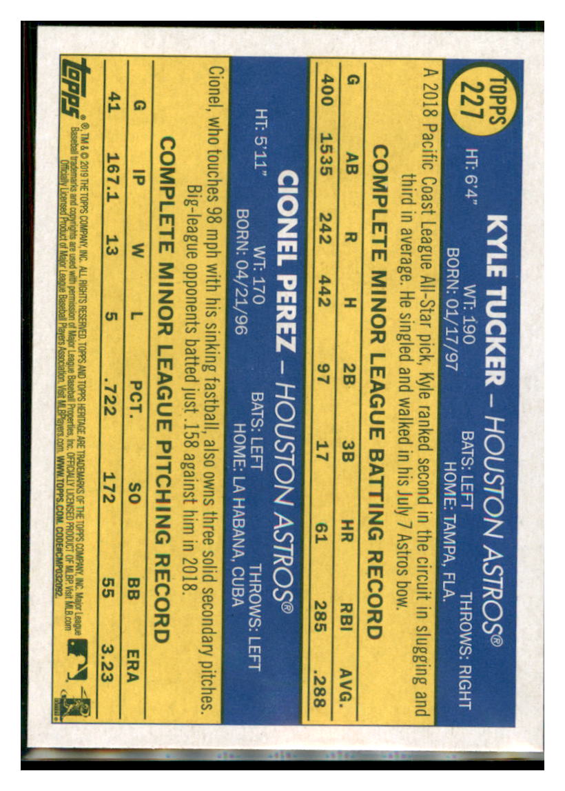 2019 Topps Heritage Cionel Perez / Kyle
  Tucker    Houston Astros #THC-227
  Baseball card   TMH1C simple Xclusive Collectibles