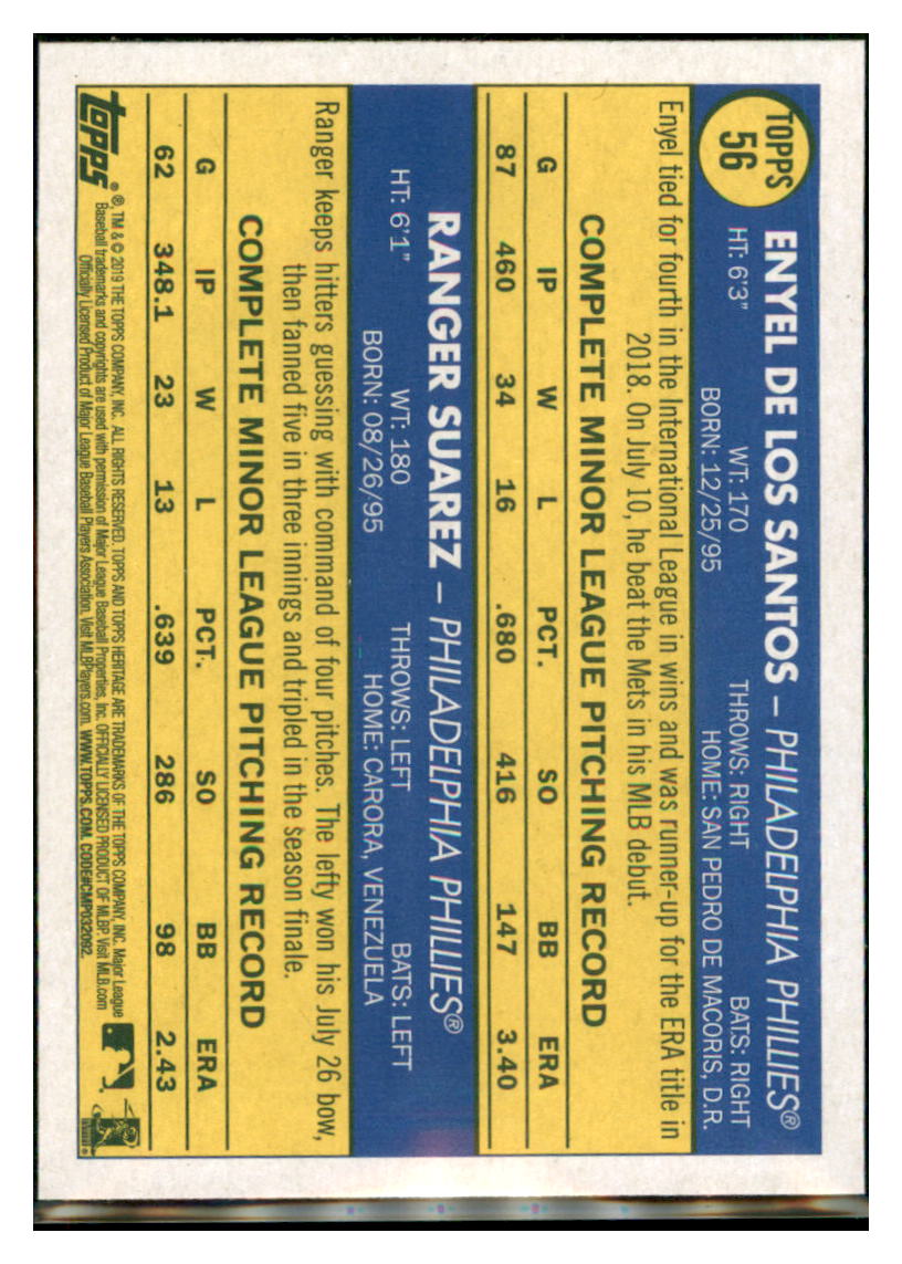 2019 Topps Heritage Ranger Suarez / Enyel de los Santos RS, CPC, RC
Philadelphia Phillies #56 Baseball card TMH1C simple Xclusive Collectibles