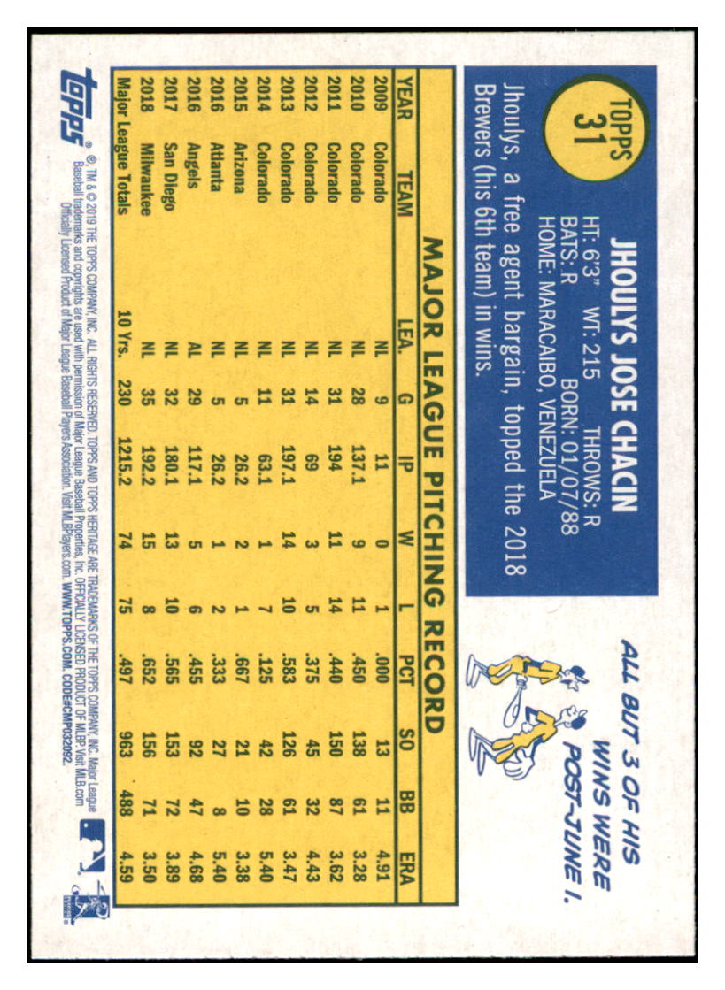 2019 Topps Heritage Jhoulys Chacin Milwaukee Brewers #31 Baseball card   TMH1C simple Xclusive Collectibles