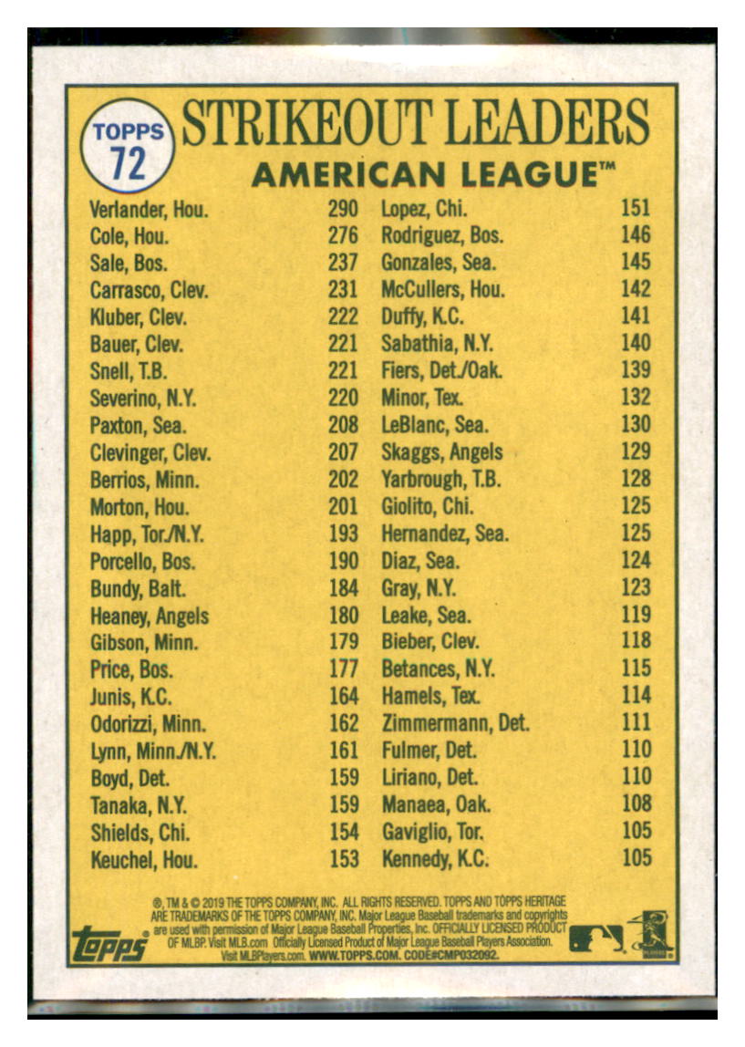 2019 Topps Heritage Chris Sale / Justin
Verlander / Gerrit Cole CPC, LL
Boston Red Sox / Houston Astros #72 Baseball card TMH1C_1b simple Xclusive Collectibles