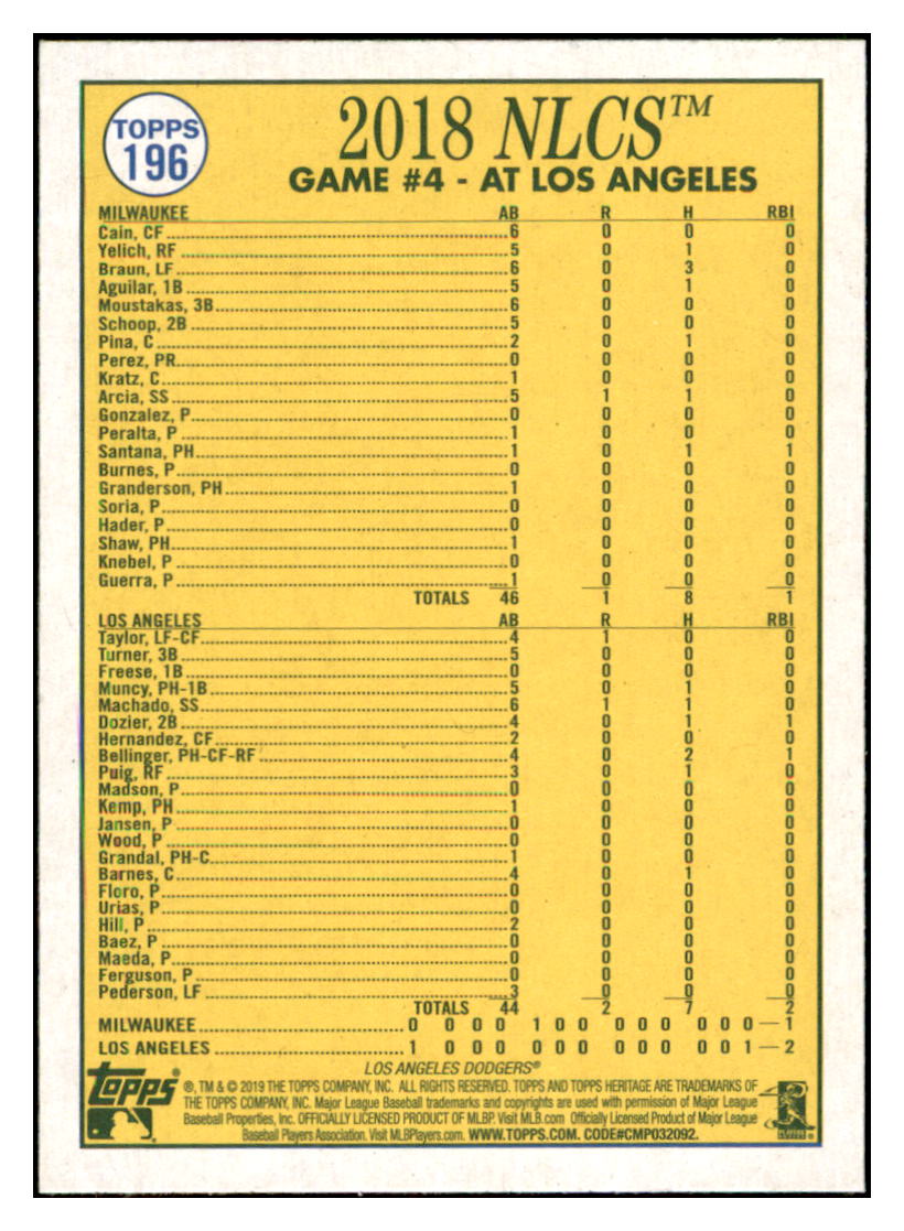 2019 Topps Heritage Saved by the
Belli! Los Angeles Dodgers #196
Baseball card TMH1C_1a simple Xclusive Collectibles