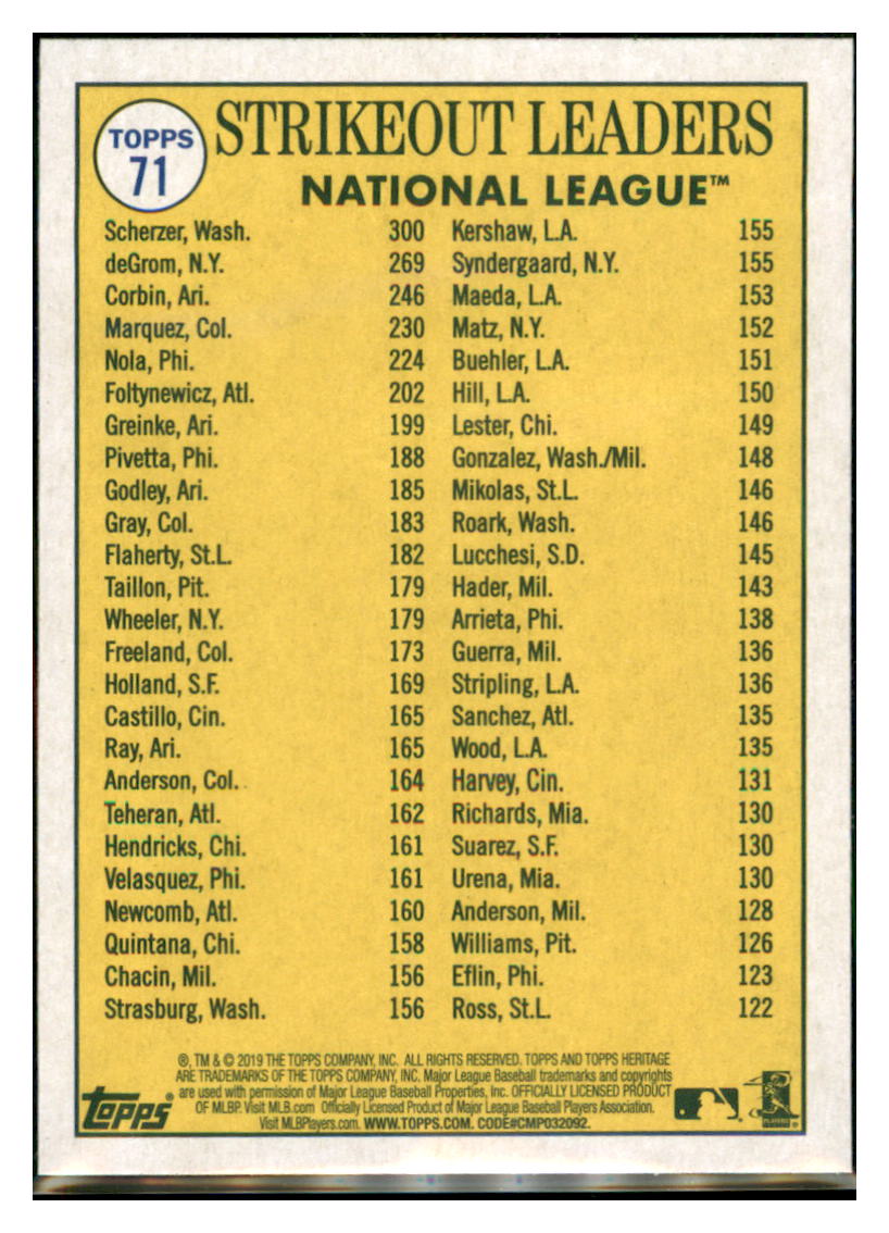 2019 Topps Heritage Jacob deGrom /
  Patrick Corbin / Max Scherzer CPC, LL   
  New York Mets / Arizona Diamondbacks / Washington Nationals #71
  Baseball card   TMH1C simple Xclusive Collectibles   