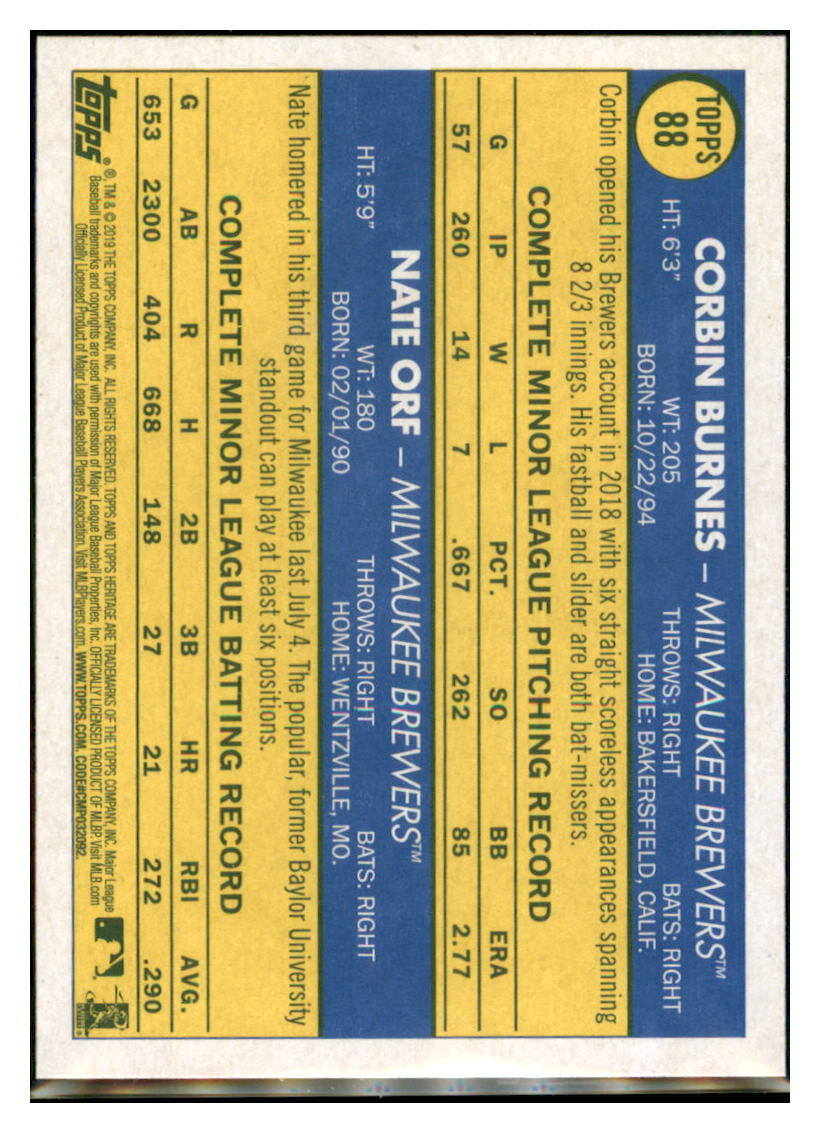 2019 Topps Heritage Nate Orf / Corbin
  Burnes CPC, RC, RS    Milwaukee Brewers
  #88 Baseball card   TMH1C simple Xclusive Collectibles