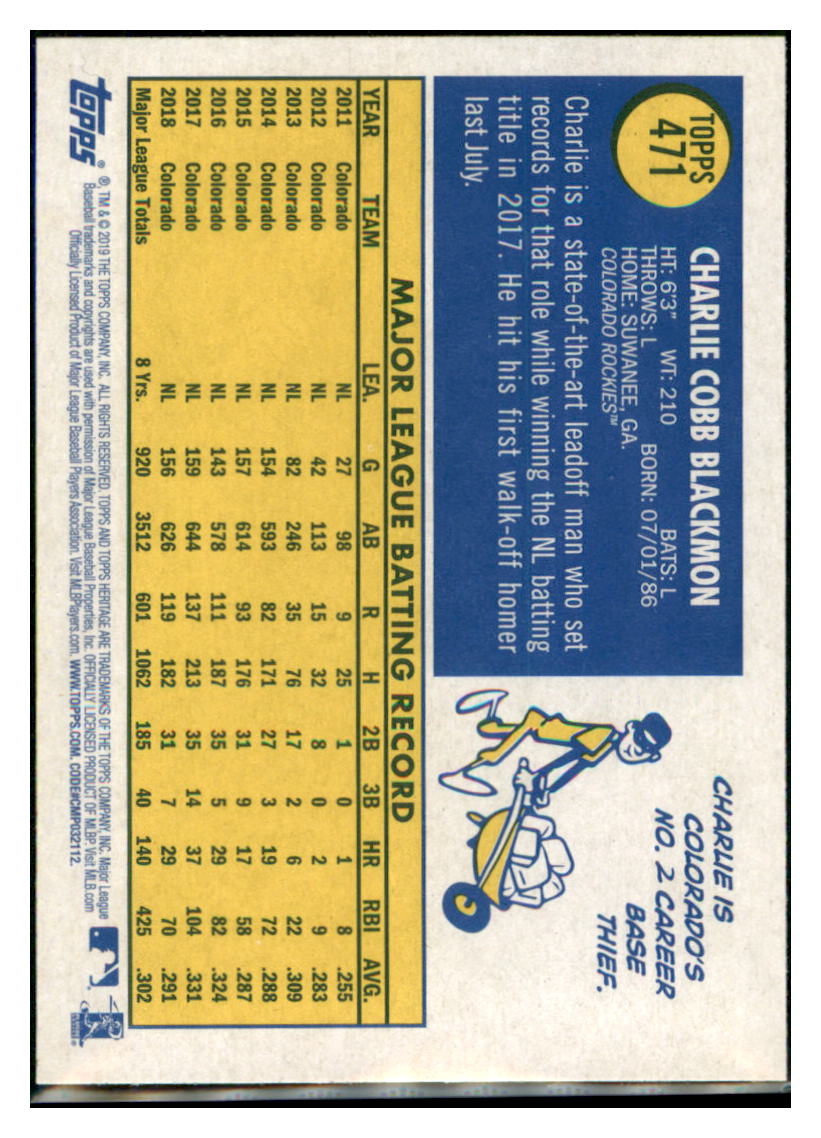 2019 Topps Heritage Charlie Blackmon Colorado Rockies #471 Baseball card TMH1C simple Xclusive Collectibles