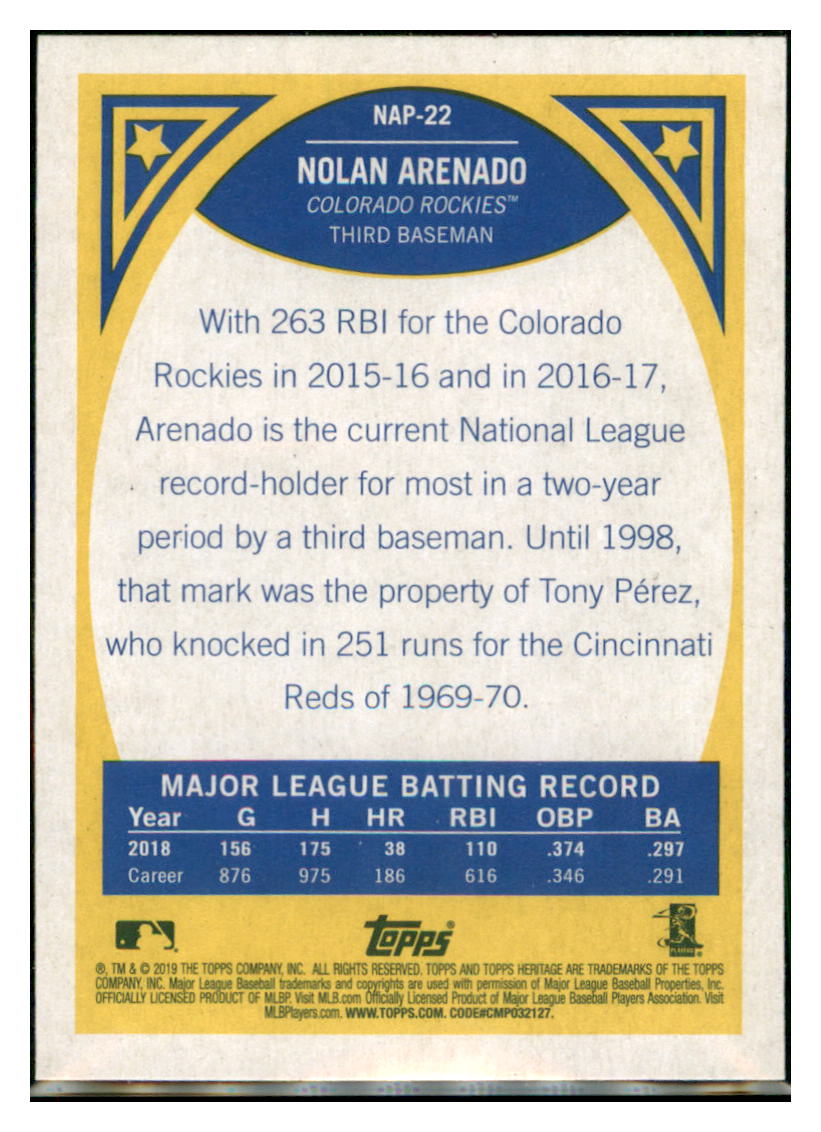 2019 Topps Heritage Nolan Arenado    Colorado Rockies #NAP-22 Baseball
  card   TMH1C_1a simple Xclusive Collectibles