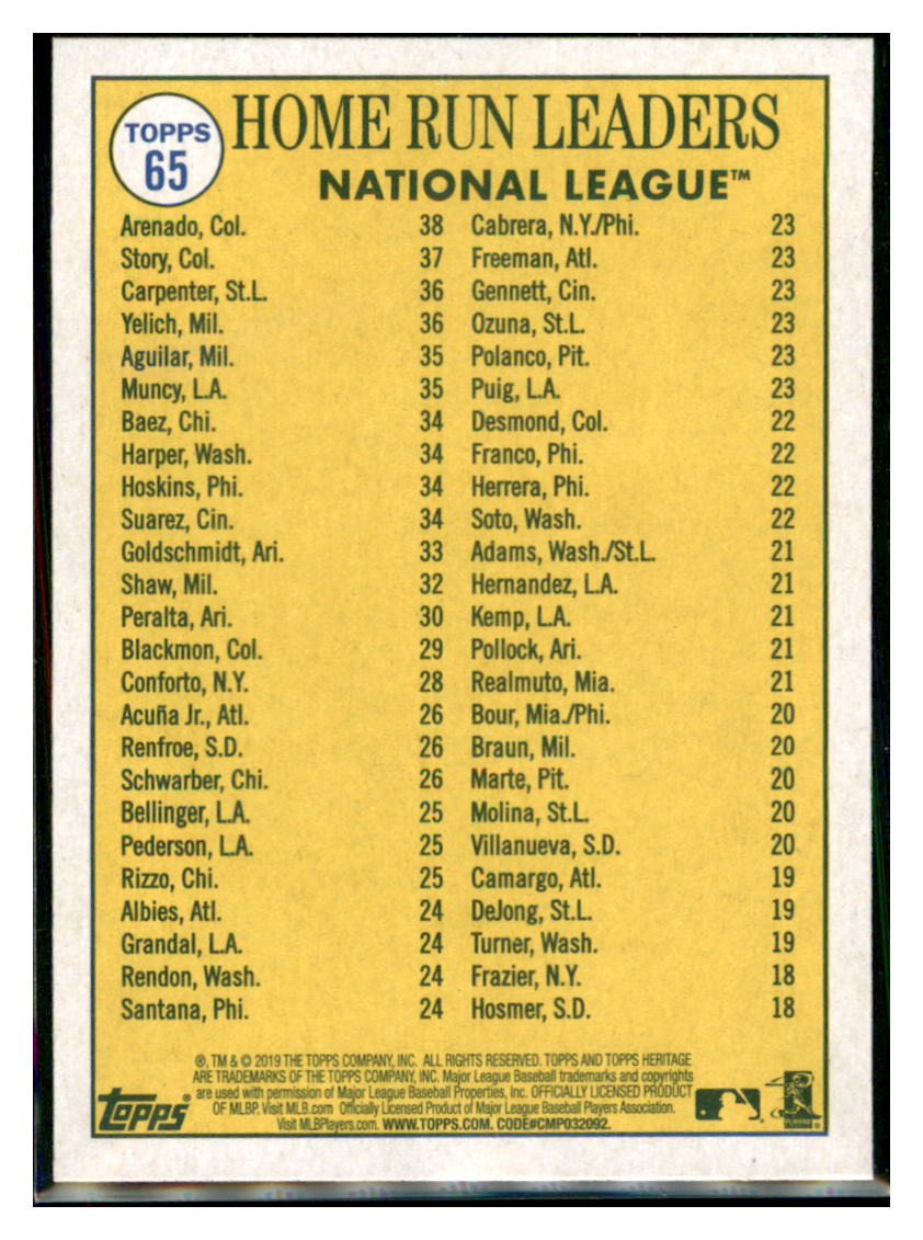 2019 Topps Heritage Christian Yelich /
Matt Carpenter / Trevor Story / Nolan Arenado CPC, LL Milwaukee Brewers / St. Louis Cardinals /
Colorado Rockies #65 Baseball card
TMH1C simple Xclusive Collectibles