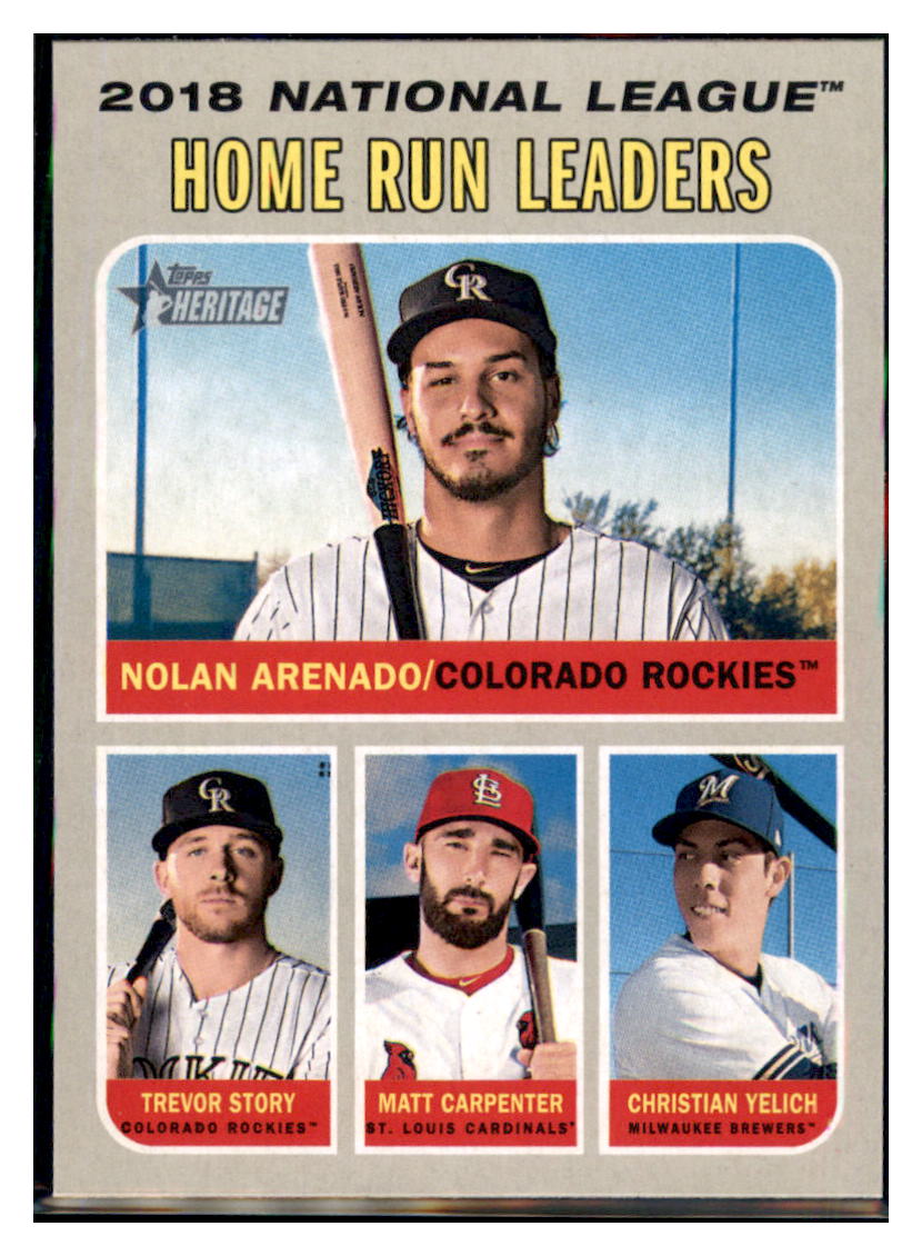 2019 Topps Heritage Christian Yelich /
Matt Carpenter / Trevor Story / Nolan Arenado CPC, LL Milwaukee Brewers / St. Louis Cardinals /
Colorado Rockies #65 Baseball card
TMH1C simple Xclusive Collectibles
