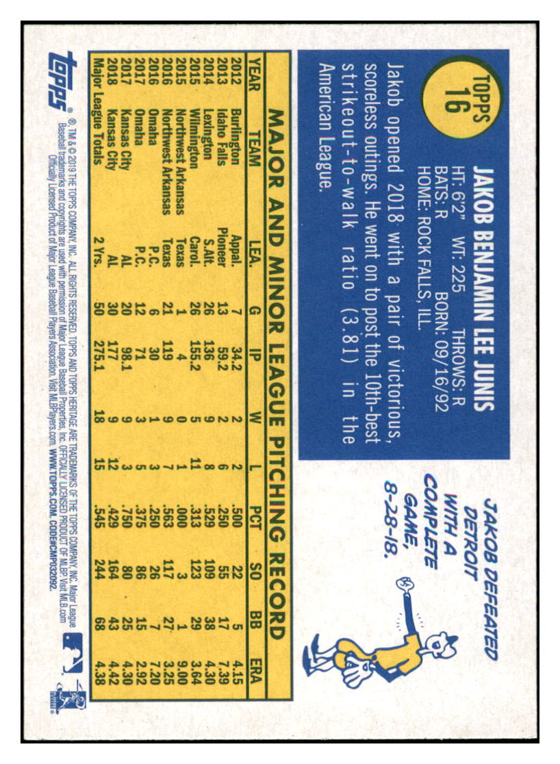 2019 Topps Heritage Jake Junis    Kansas City Royals #16 Baseball card   TMH1C simple Xclusive Collectibles