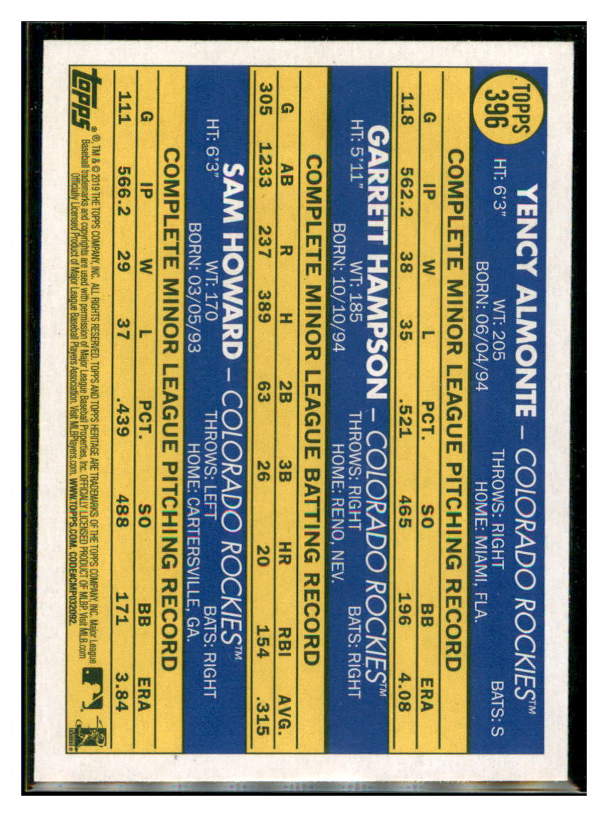 2019 Topps Heritage Garrett Hampson / Sam
Howard / Yency Almonte CPC, RC, RS
Colorado Rockies #396 Baseball card
TMH1C_1b simple Xclusive Collectibles