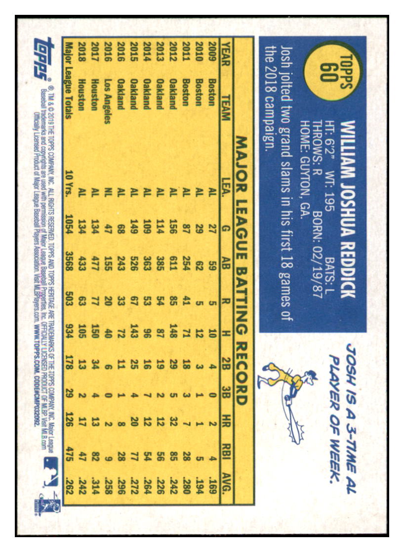 2019 Topps Heritage Josh Reddick Houston Astros #60 Baseball card TMH1C simple Xclusive Collectibles