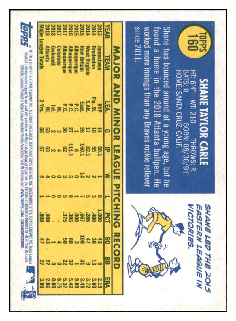 2019 Topps Heritage Shane Carle    Atlanta Braves #160 Baseball card   TMH1C simple Xclusive Collectibles