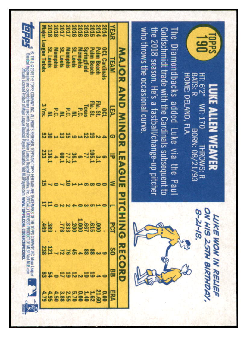 2019 Topps Heritage Luke Weaver Arizona Diamondbacks #190 Baseball
card TMH1C simple Xclusive Collectibles
