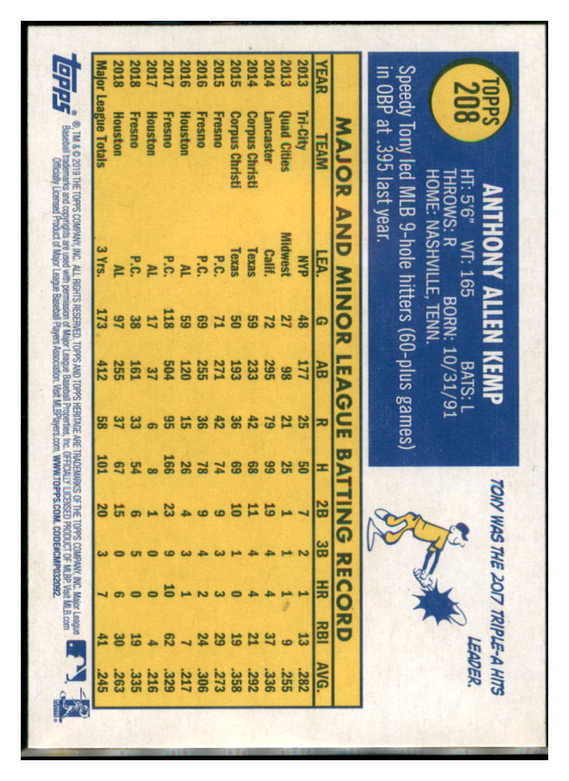 2019 Topps Heritage Tony Kemp Houston Astros #208 Baseball card TMH1C simple Xclusive Collectibles
