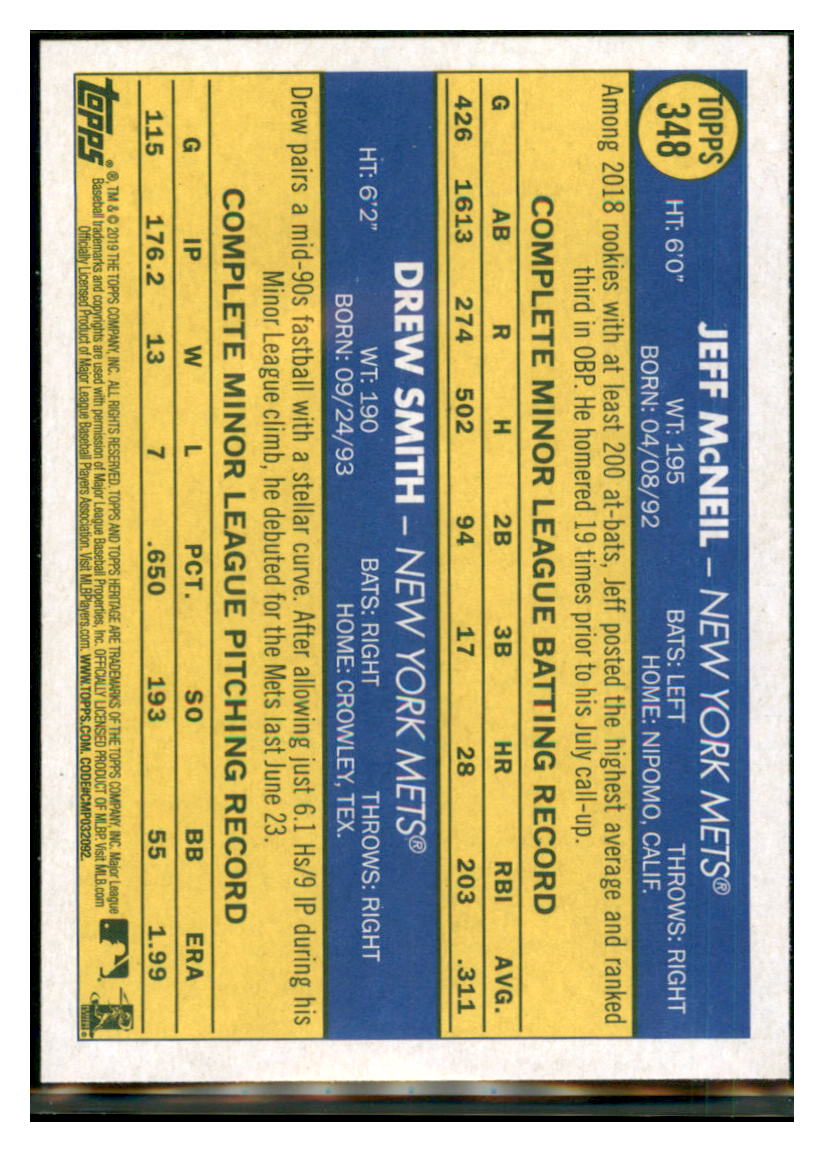 2019 Topps Heritage Jeff McNeil / Drew Smith CPC, RC, RS New York Mets #348 Baseball card TMH1C simple Xclusive Collectibles