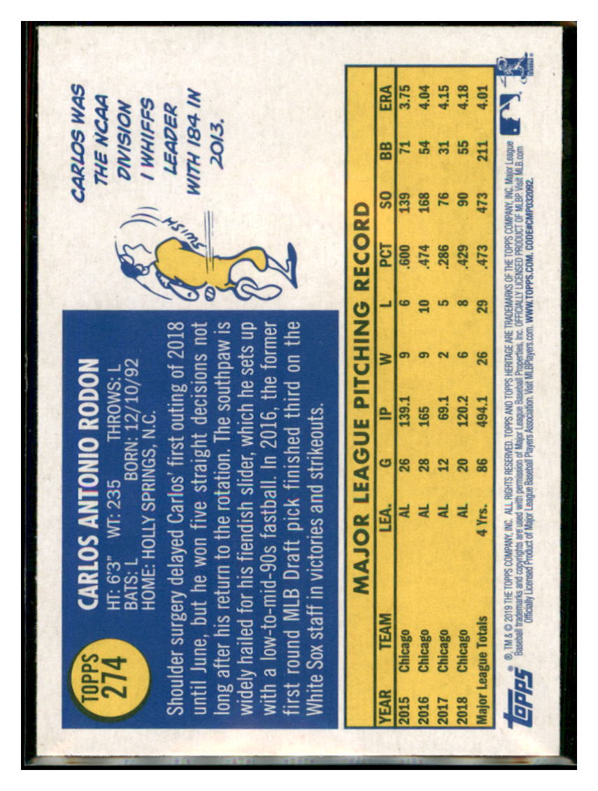 2019 Topps Heritage Carlos Rodon Chicago White Sox #274 Baseball card TMH1C simple Xclusive Collectibles