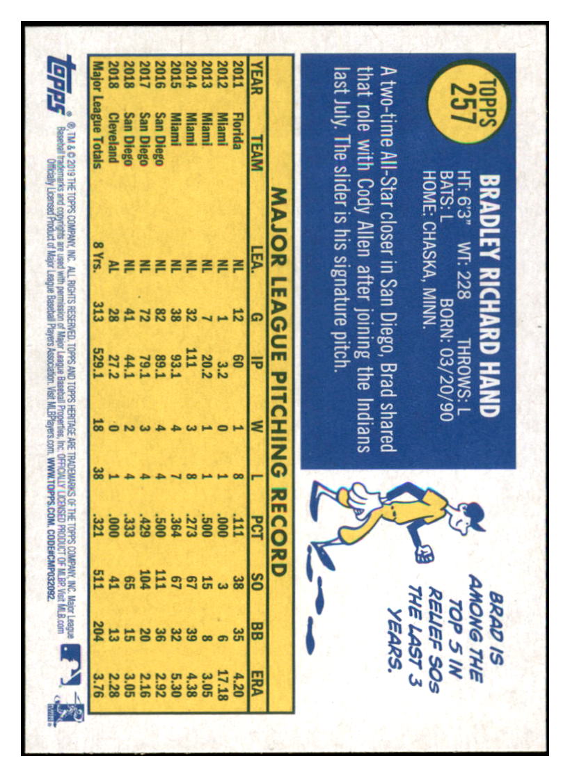 2019 Topps Heritage Brad Hand    Cleveland Indians #257 Baseball card   TMH1C simple Xclusive Collectibles