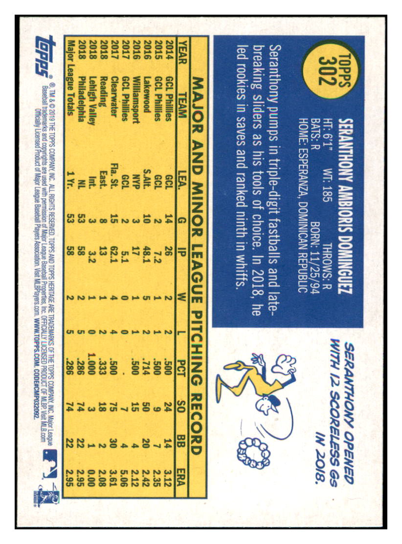 2019 Topps Heritage Seranthony
Dominguez Philadelphia Phillies #302
Baseball card TMH1C simple Xclusive Collectibles