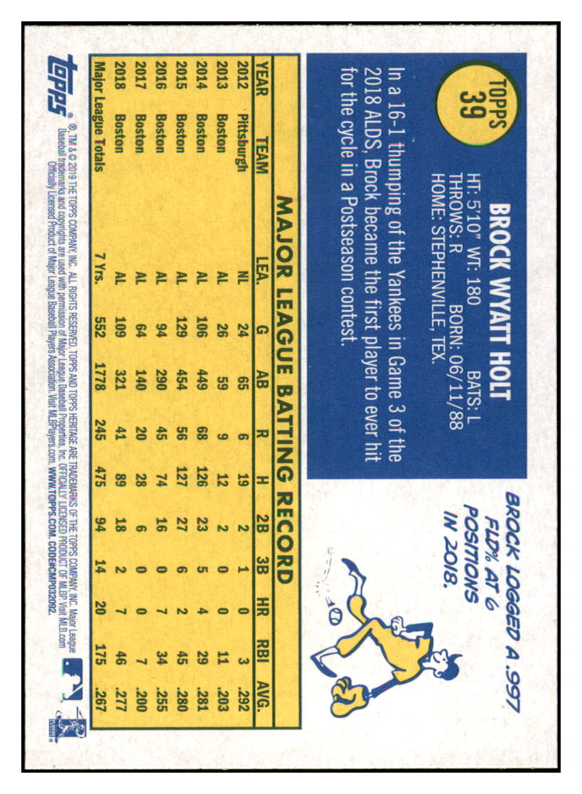 2019 Topps Heritage Brock Holt Boston Red Sox #39 Baseball card TMH1C simple Xclusive Collectibles