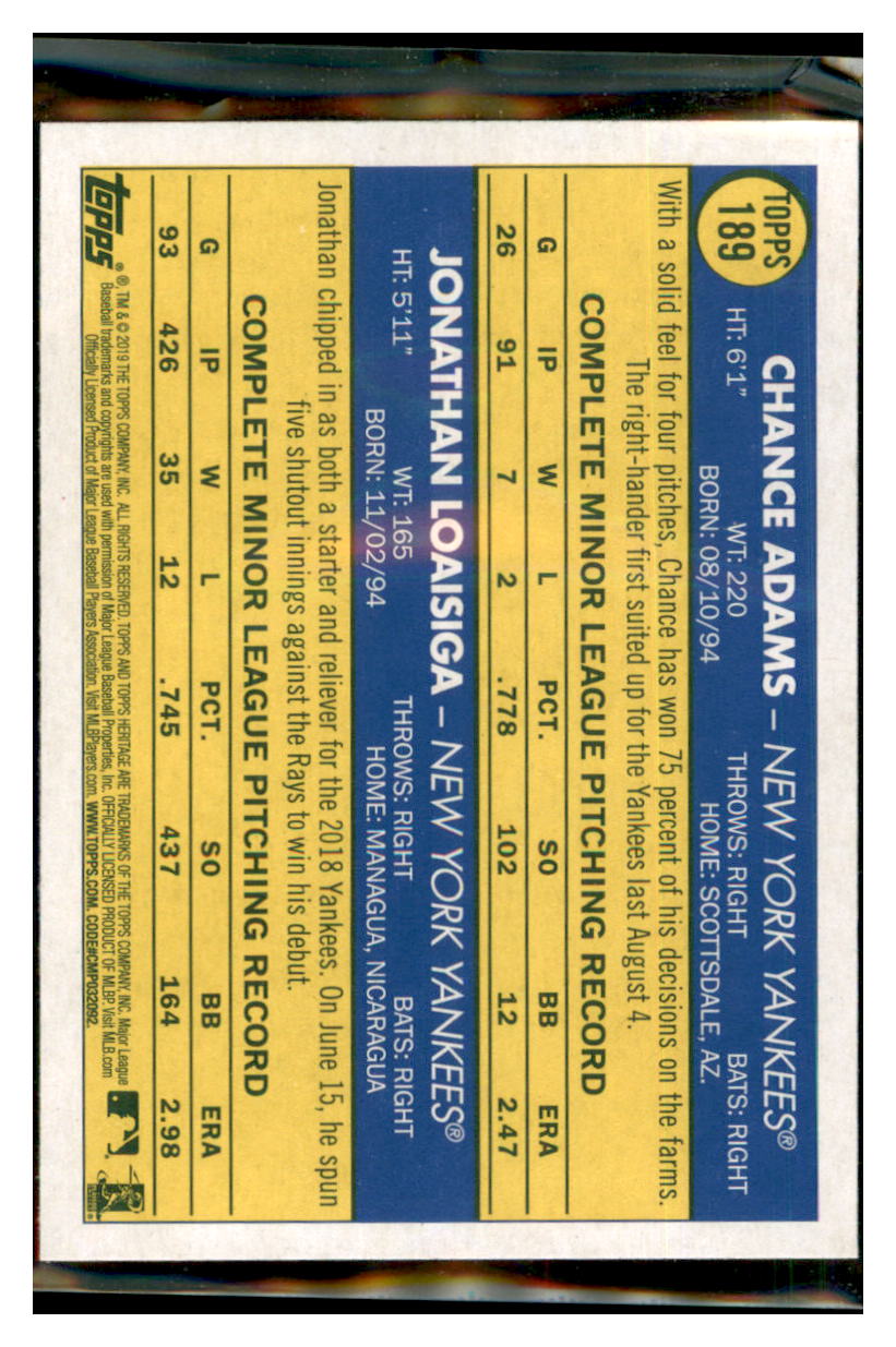 2019 Topps Heritage Chance Adams /
  Jonathan Loaisiga CPC, RC, RS    New
  York Yankees #189 Baseball card   TMH1C simple Xclusive Collectibles