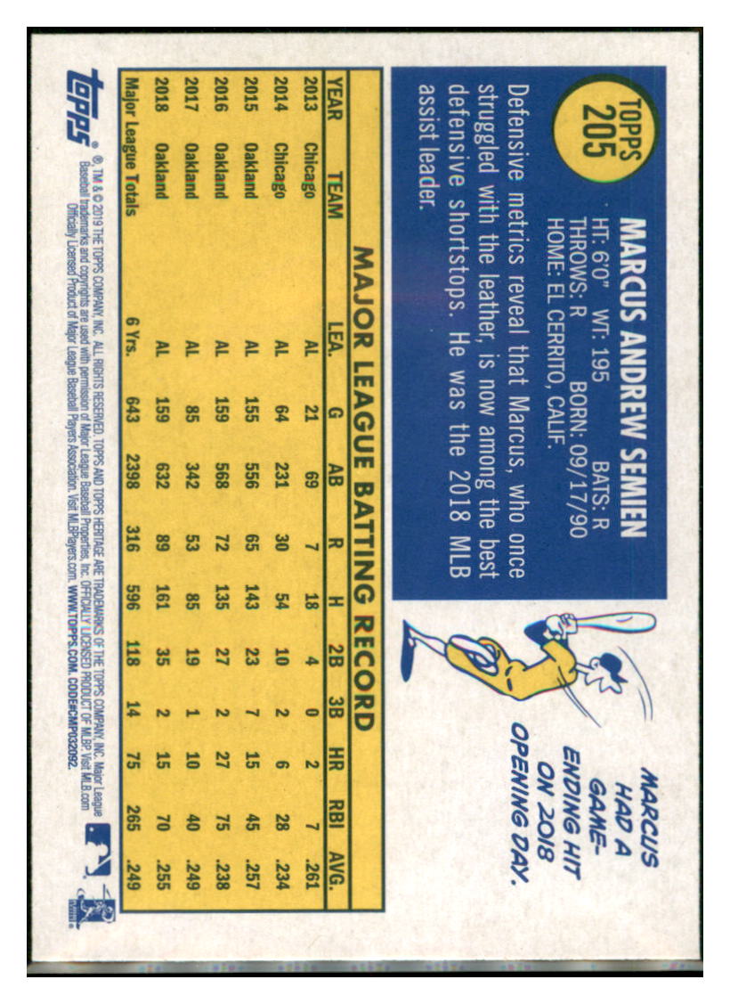 2019 Topps Heritage Marcus Semien Oakland Athletics #205 Baseball card TMH1C_1a simple Xclusive Collectibles