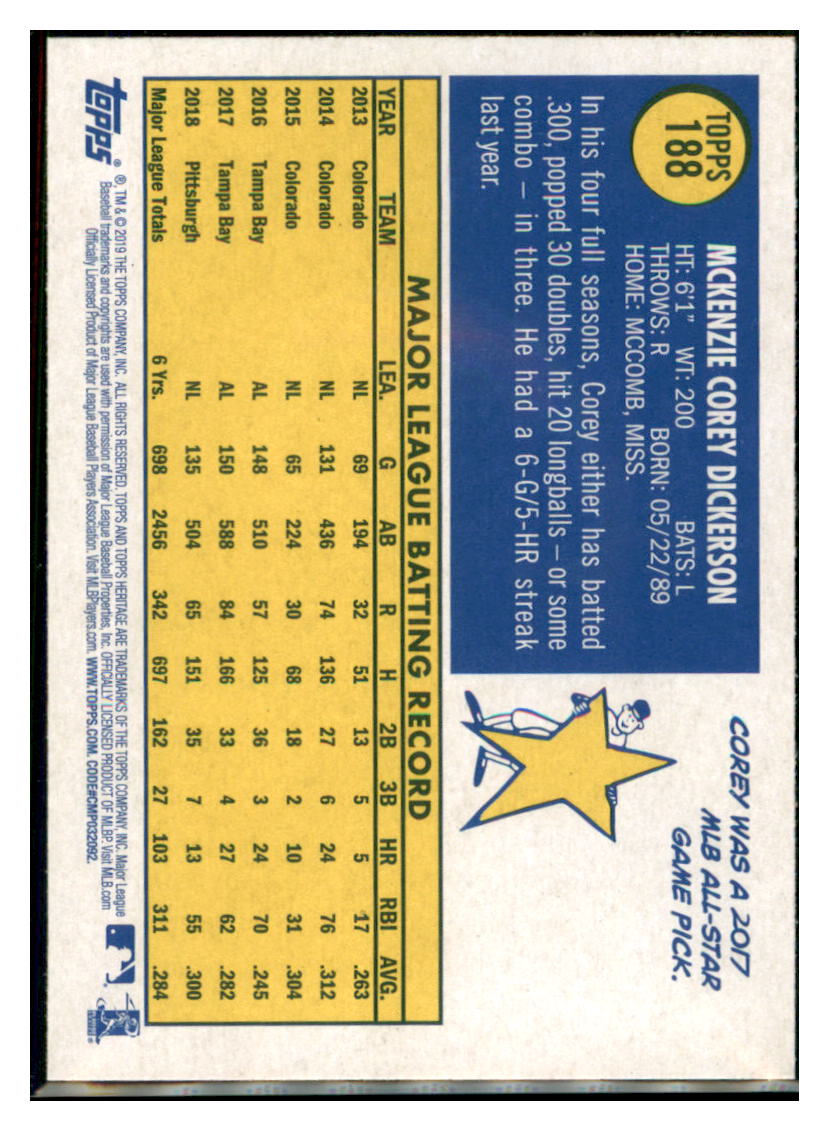 2019 Topps Heritage Corey Dickerson    Pittsburgh Pirates #188 Baseball
  card   TMH1C_1a simple Xclusive Collectibles