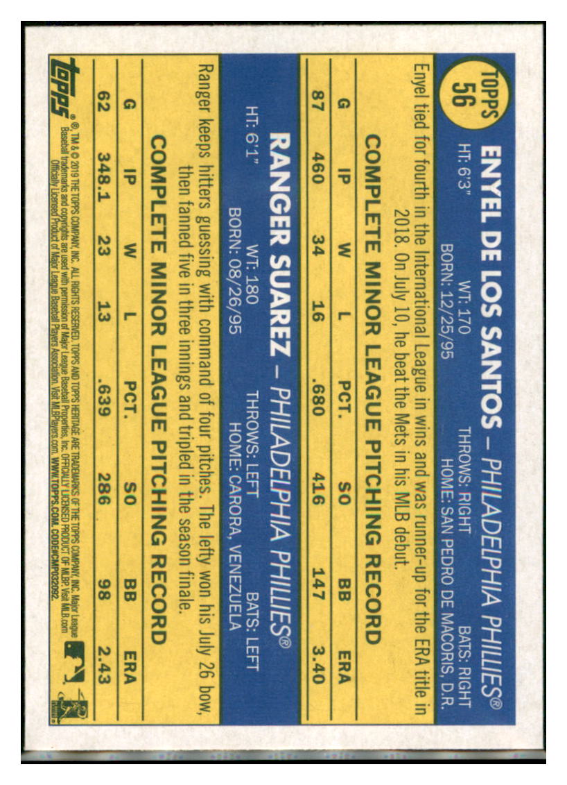 2019 Topps Heritage Ranger Suarez / Enyel
  de los Santos RS, CPC, RC   
  Philadelphia Phillies #56 Baseball card   TMH1C_1b simple Xclusive Collectibles