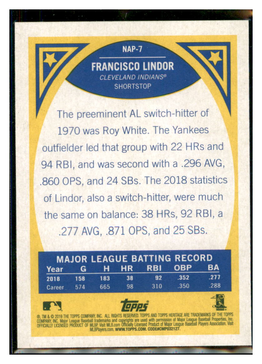 2019 Topps Heritage Francisco Lindor    Cleveland Indians #NAP-7 Baseball
  card   TMH1C simple Xclusive Collectibles   