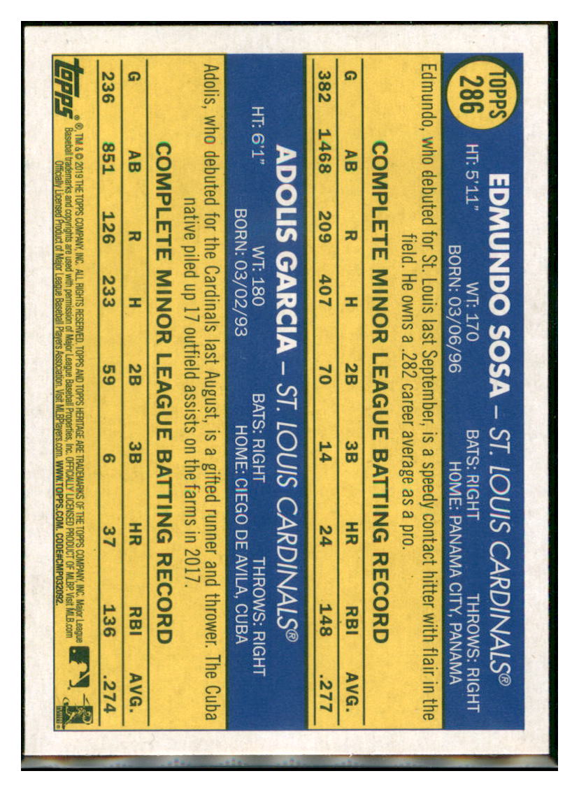 2019 Topps Heritage Edmundo Sosa / Adolis
  Garcia CPC, RC, RS    St. Louis
  Cardinals #286 Baseball card   TMH1C_1b simple Xclusive Collectibles