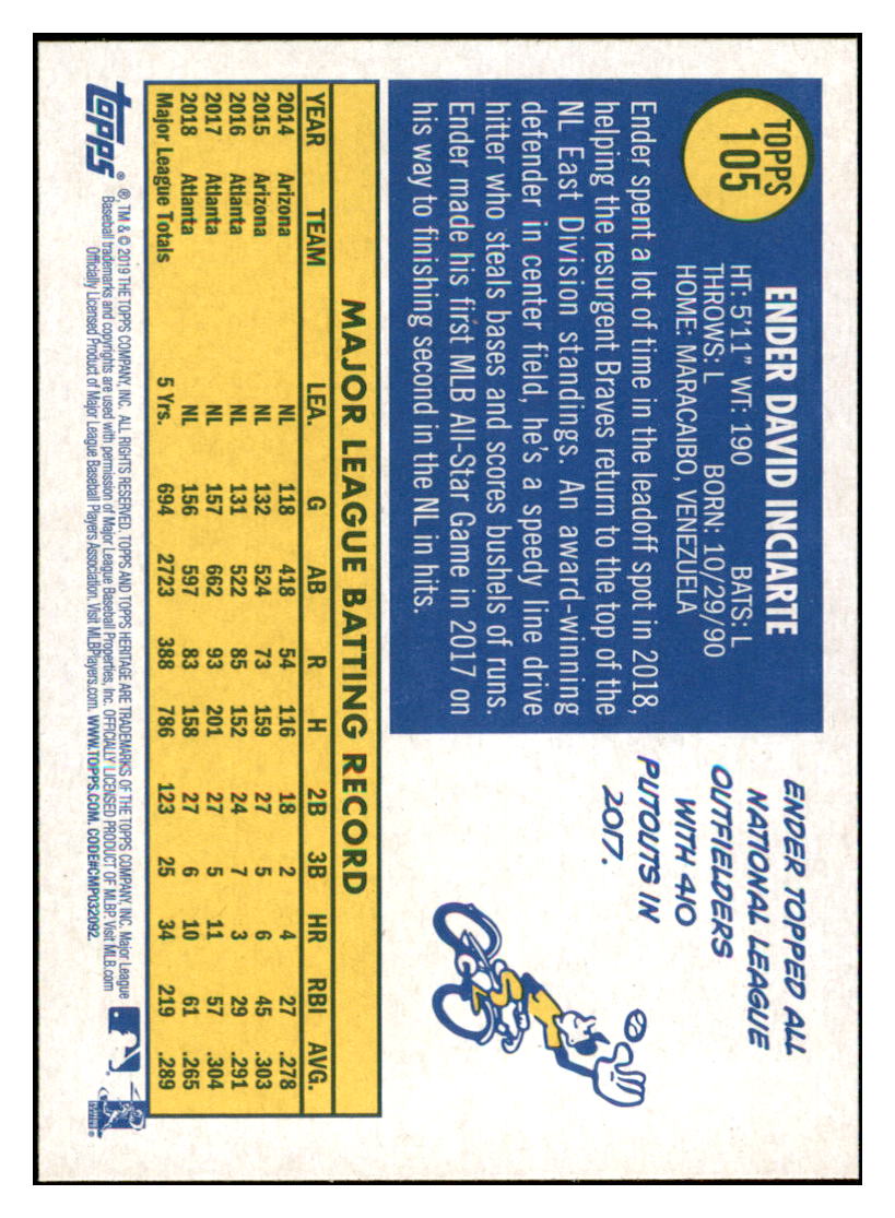 2019 Topps Heritage Ender Inciarte    Atlanta Braves #105 Baseball card   TMH1C simple Xclusive Collectibles