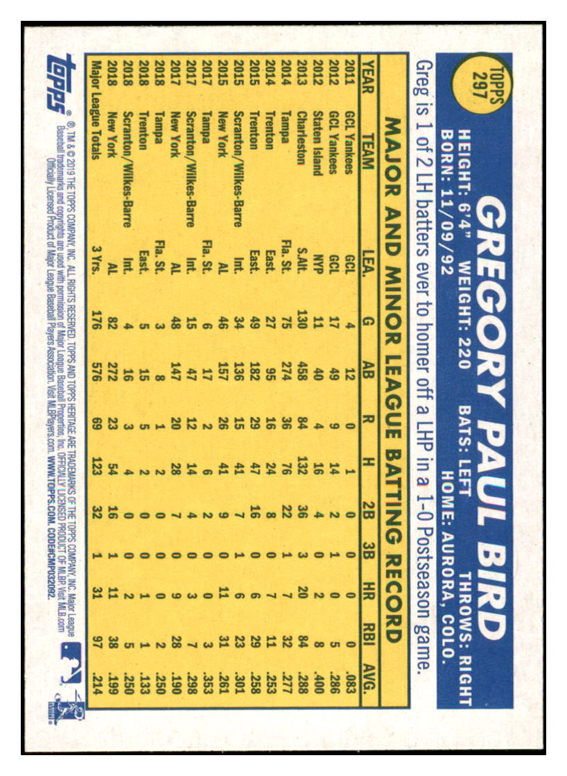 2019 Topps Heritage Greg Bird New York Yankees #297 Baseball card TMH1C simple Xclusive Collectibles