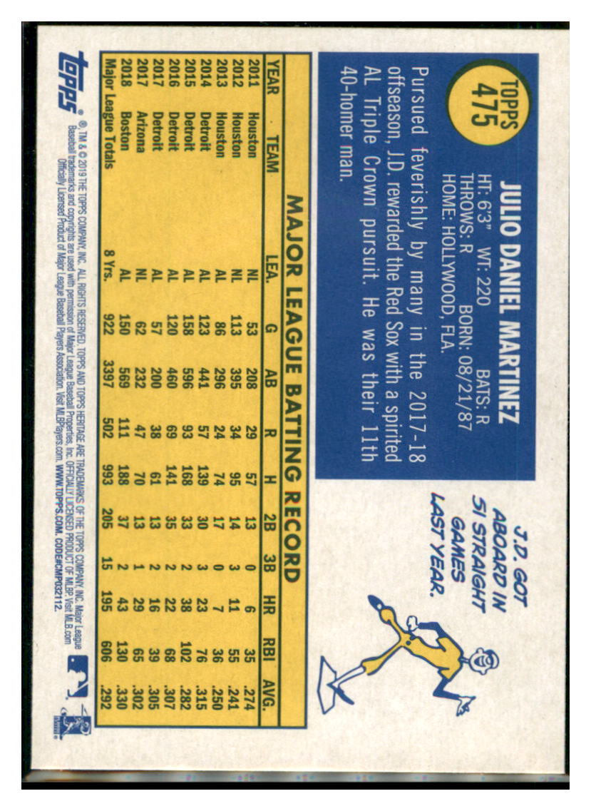 2019 Topps Heritage J.D. Martinez Boston Red Sox #475 Baseball card TMH1C_1a simple Xclusive Collectibles