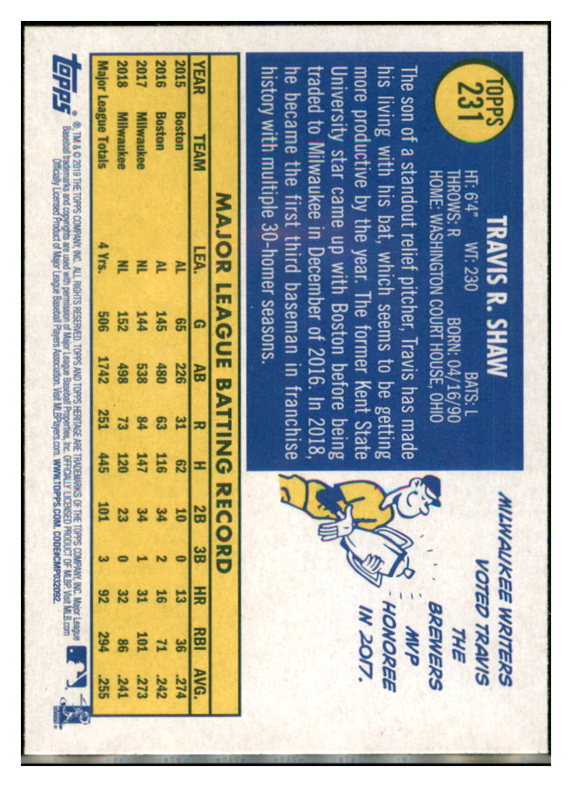2019 Topps Heritage Travis Shaw Milwaukee Brewers #231 Baseball card TMH1C_1b simple Xclusive Collectibles