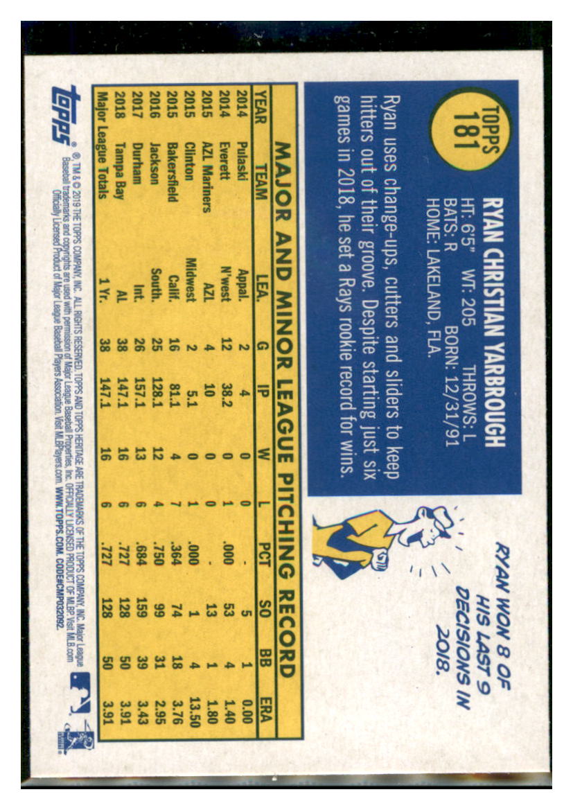 2019 Topps Heritage Ryan Yarbrough Tampa Bay Rays #181 Baseball card TMH1C_1b simple Xclusive Collectibles