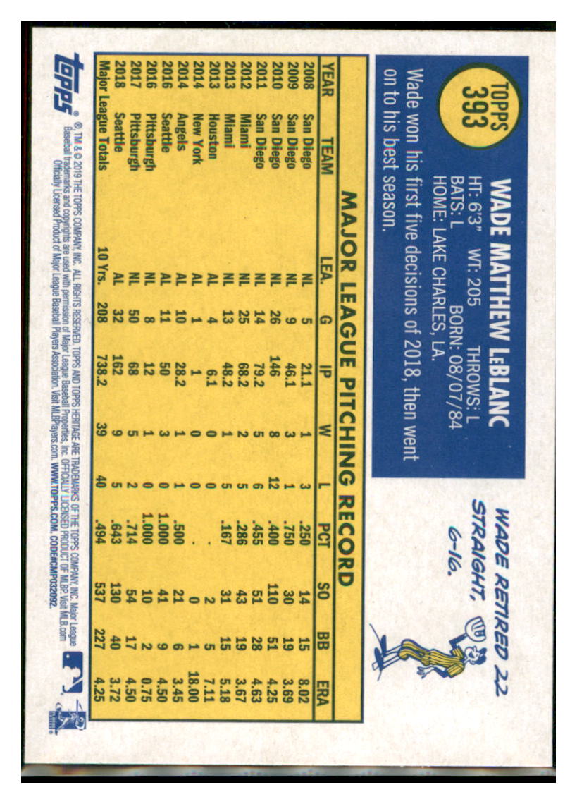 2019 Topps Heritage Wade LeBlanc Seattle Mariners #393 Baseball card TMH1C_1b simple Xclusive Collectibles