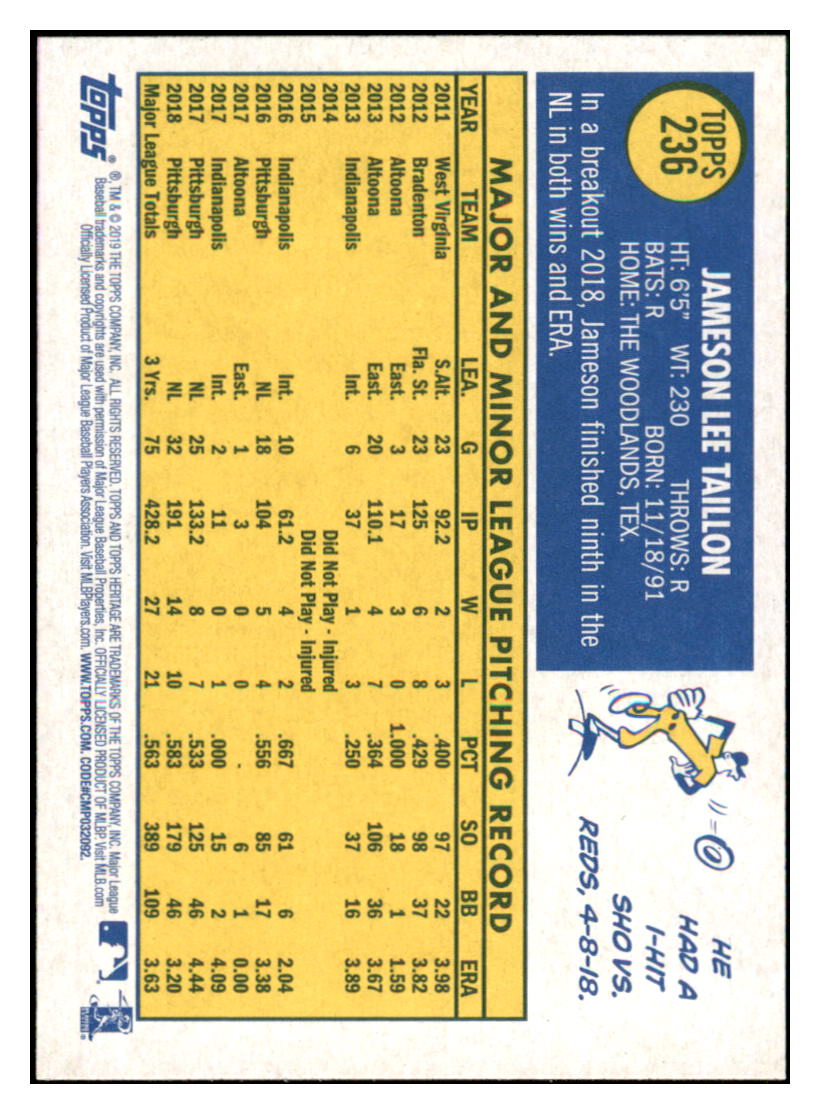 2019 Topps Heritage Jameson Taillon    Pittsburgh Pirates #236 Baseball
  card   TMH1C simple Xclusive Collectibles