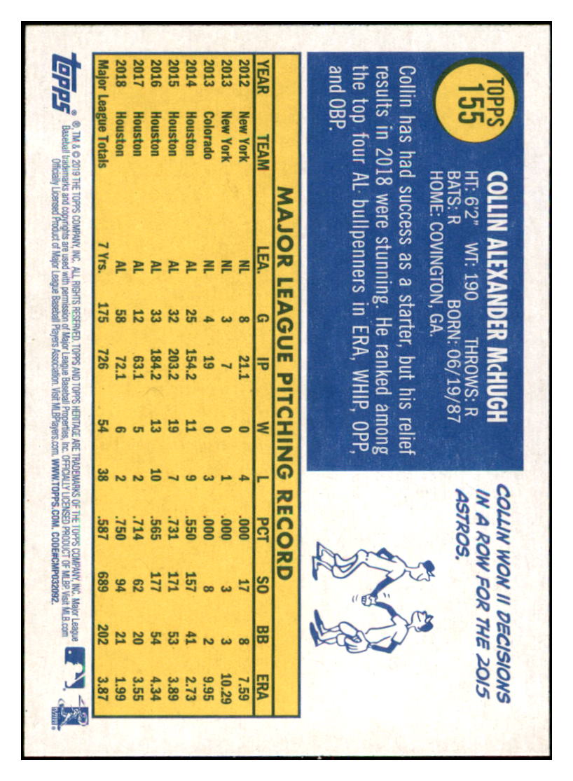 2019 Topps Heritage Collin McHugh Houston Astros #155 Baseball card TMH1C simple Xclusive Collectibles