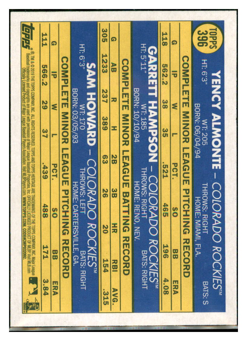 2019 Topps Heritage Garrett Hampson / Sam
  Howard / Yency Almonte CPC, RC, RS   
  Colorado Rockies #396 Baseball card  
  TMH1C_1a simple Xclusive Collectibles