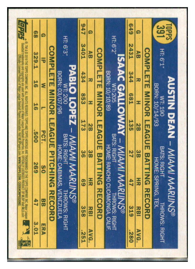 2019 Topps Heritage Austin Dean / Isaac
Galloway / Pablo Lopez CPC, RC, RS
Miami Marlins #391 Baseball card
TMH1C_1b simple Xclusive Collectibles