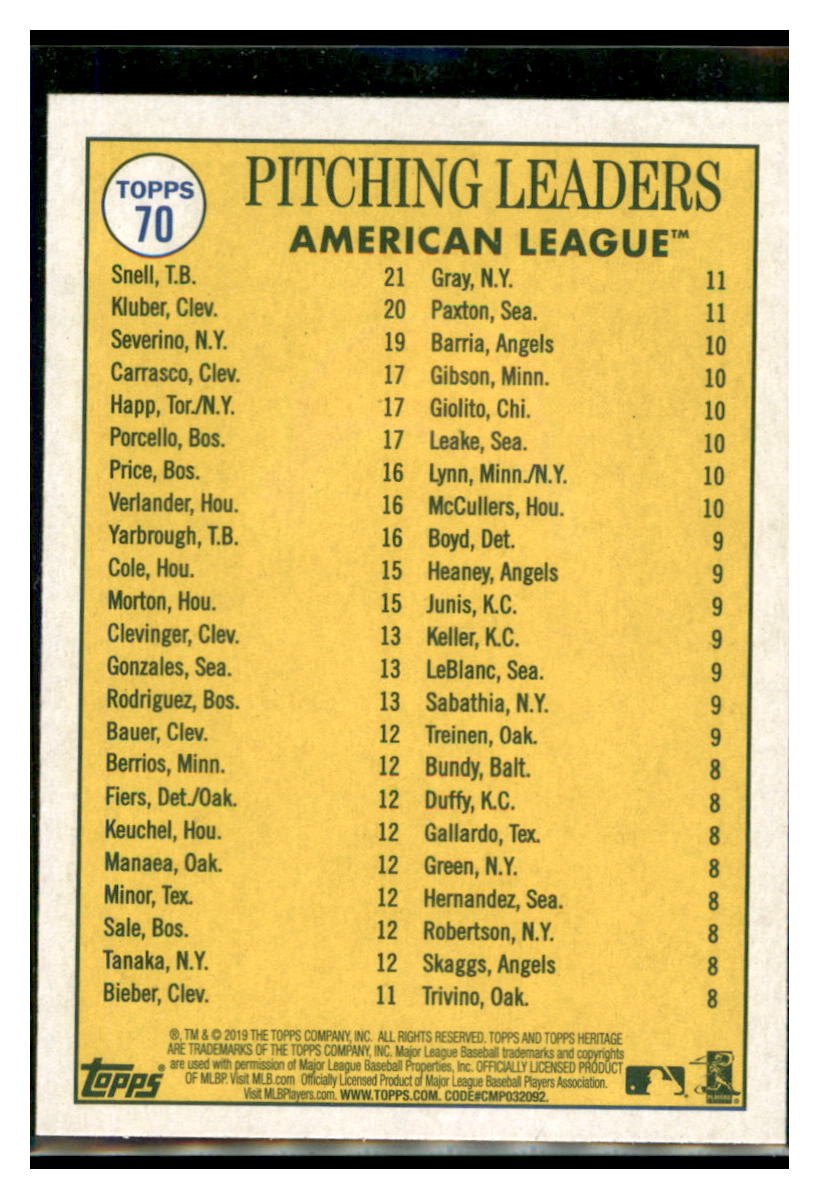 2019 Topps Heritage Corey Kluber / Luis
  Severino / Blake Snell CPC, LL   
  Cleveland Indians / New York Yankees / Tampa Bay Rays #70 Baseball
  card   TMH1C simple Xclusive Collectibles
