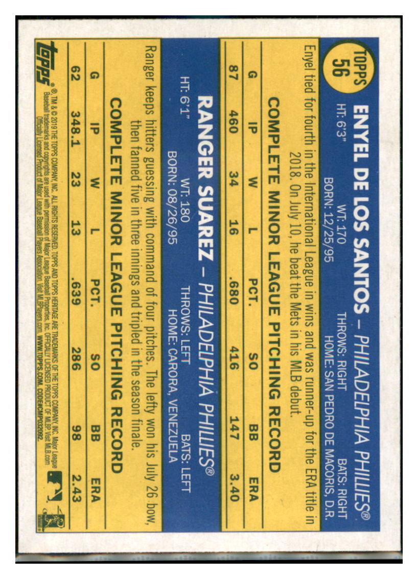 2019 Topps Heritage Ranger Suarez / Enyel
de los Santos RS, CPC, RC
Philadelphia Phillies #56 Baseball card TMH1C_1a simple Xclusive Collectibles