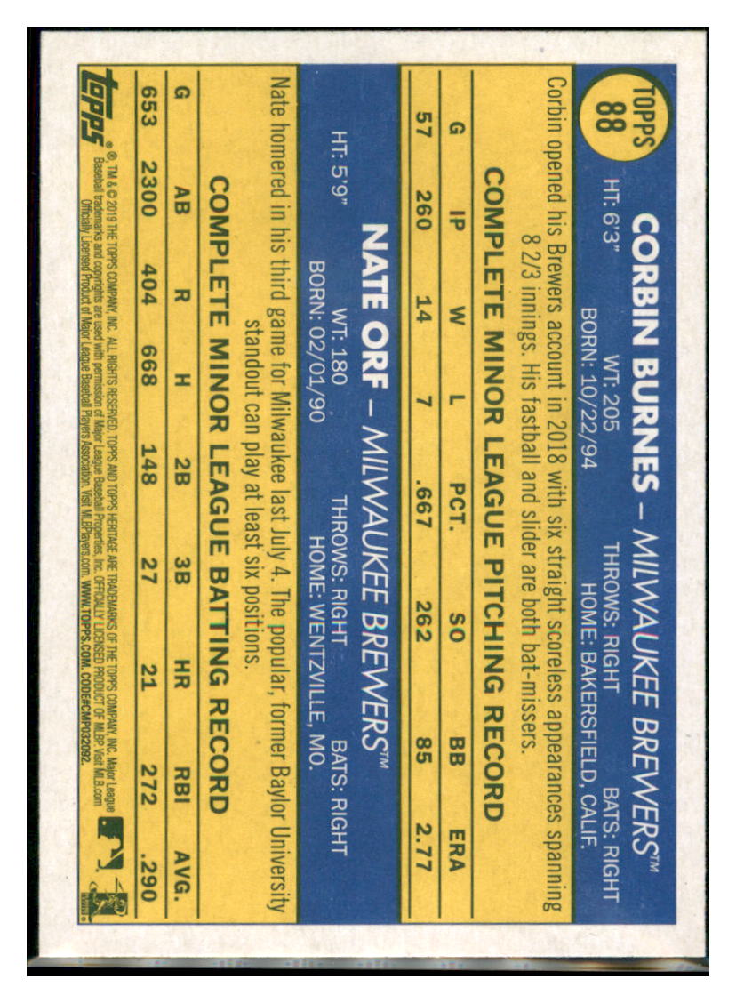 2019 Topps Heritage Nate Orf / Corbin
  Burnes CPC, RC, RS    Milwaukee Brewers
  #88 Baseball card   TMH1C_1a simple Xclusive Collectibles   