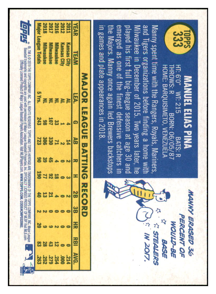 2019 Topps Heritage Manny Pina Milwaukee Brewers #333 Baseball card TMH1C simple Xclusive Collectibles