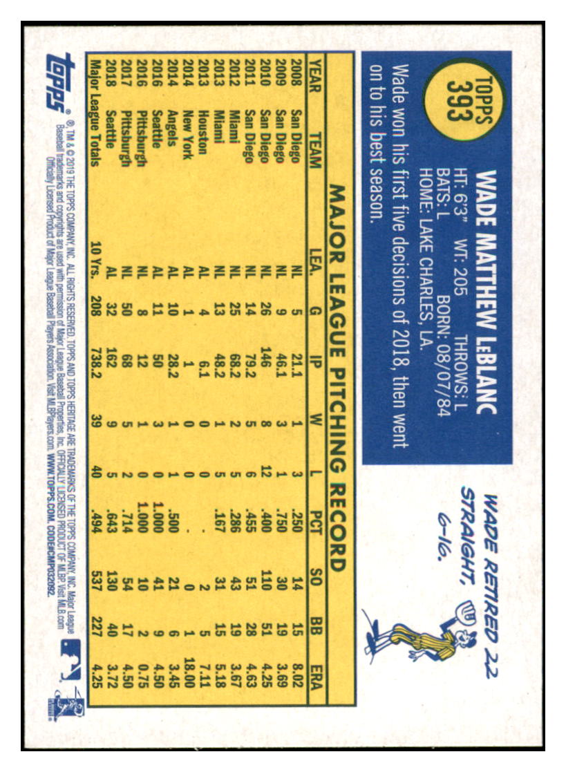 2019 Topps Heritage Wade LeBlanc Seattle Mariners #393 Baseball card TMH1C_1a simple Xclusive Collectibles