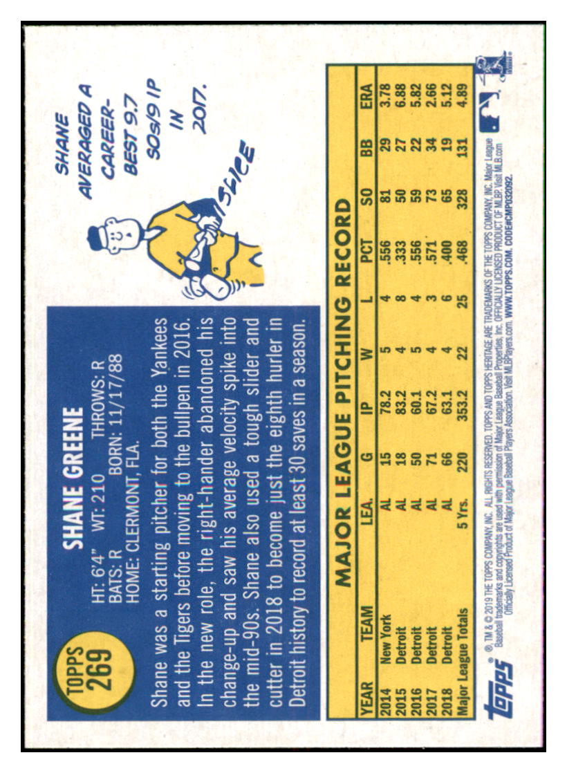 2019 Topps Heritage Shane Greene Detroit Tigers #269 Baseball card TMH1C simple Xclusive Collectibles