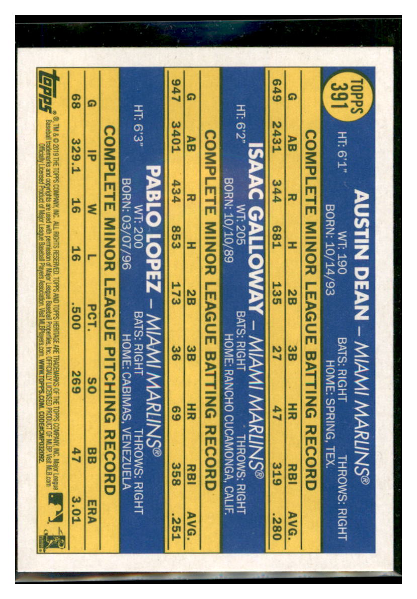 2019 Topps Heritage Austin Dean / Isaac
  Galloway / Pablo Lopez CPC, RC, RS   
  Miami Marlins #391 Baseball card  
  TMH1C_1a simple Xclusive Collectibles