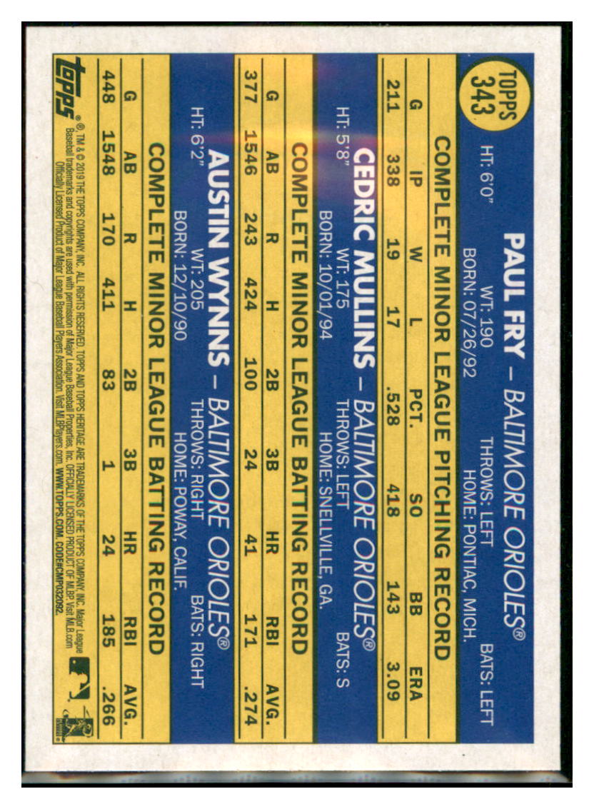 2019 Topps Heritage Cedric Mullins / Paul
  Fry / Austin Wynns CPC, RC, RS   
  Baltimore Orioles #343 Baseball card  
  TMH1C_1a simple Xclusive Collectibles