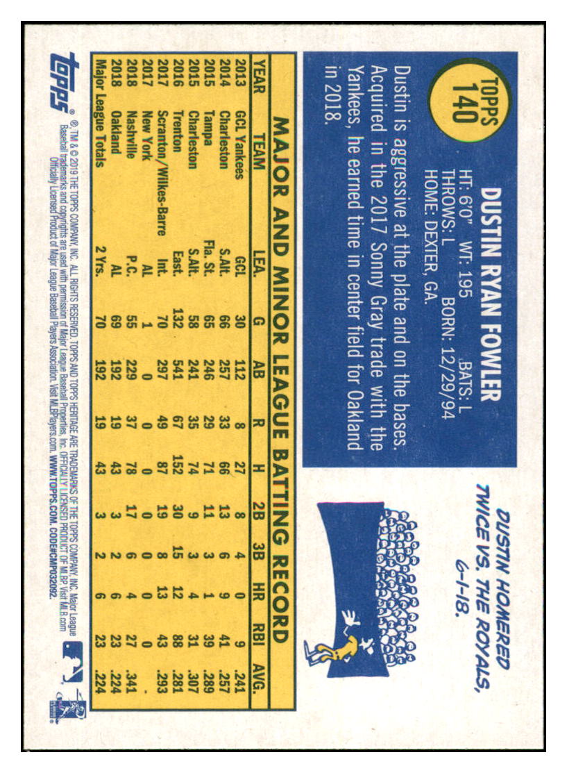 2019 Topps Heritage Dustin Fowler    Oakland Athletics #140 Baseball card   TMH1C simple Xclusive Collectibles