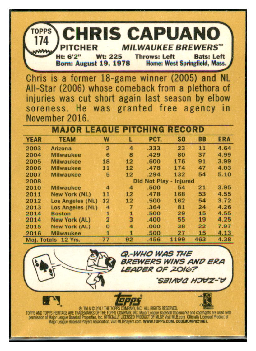 2017 Topps Heritage Chris Capuano    Milwaukee Brewers #174 Baseball card   TMH1C simple Xclusive Collectibles