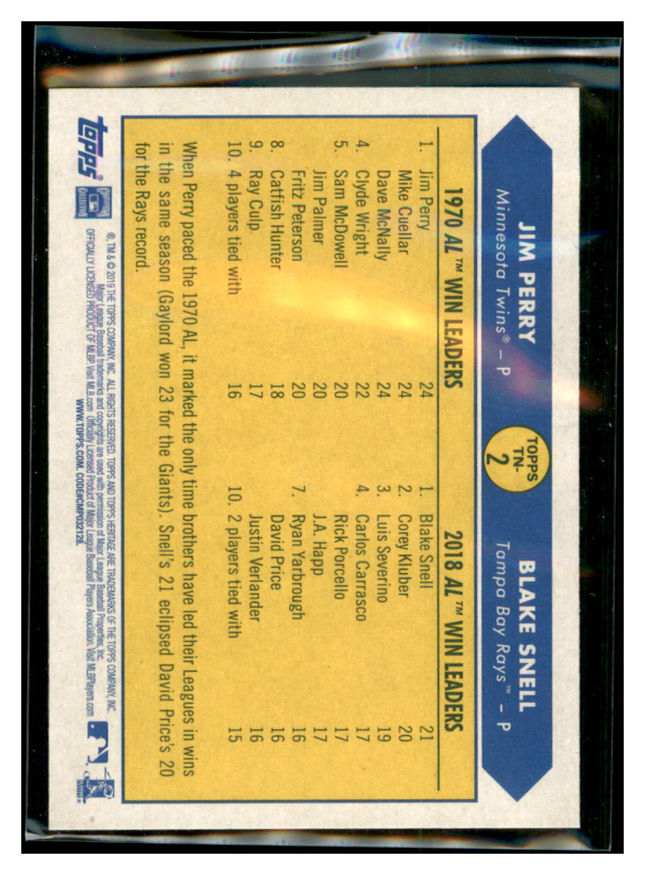 2019 Topps Heritage Jim Perry / Blake
Snell Minnesota Twins / Tampa Bay
Rays #TN-2 Baseball card TMH1C_1a simple Xclusive Collectibles