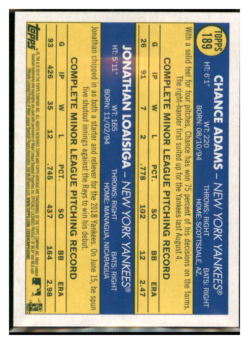 2019 Topps Heritage Chance Adams /
Jonathan Loaisiga CPC, RC, RS New
York Yankees #189 Baseball card TMH1C_1a simple Xclusive Collectibles